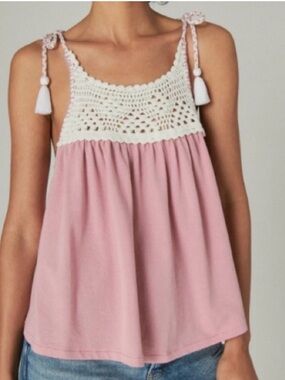 Lucky Brand Tank Top Mauve & White Crocheted Tie Straps Summer Festival NWT